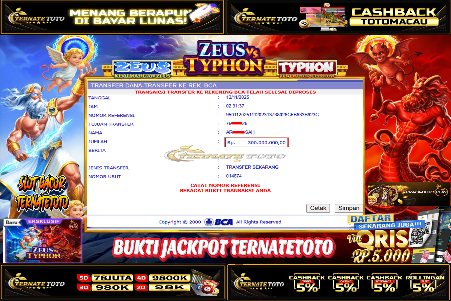TERNATETOTO - JACKPOT ZEUS TYPHON DI PRAGMATIC PLAY Rp.300,000,000,-